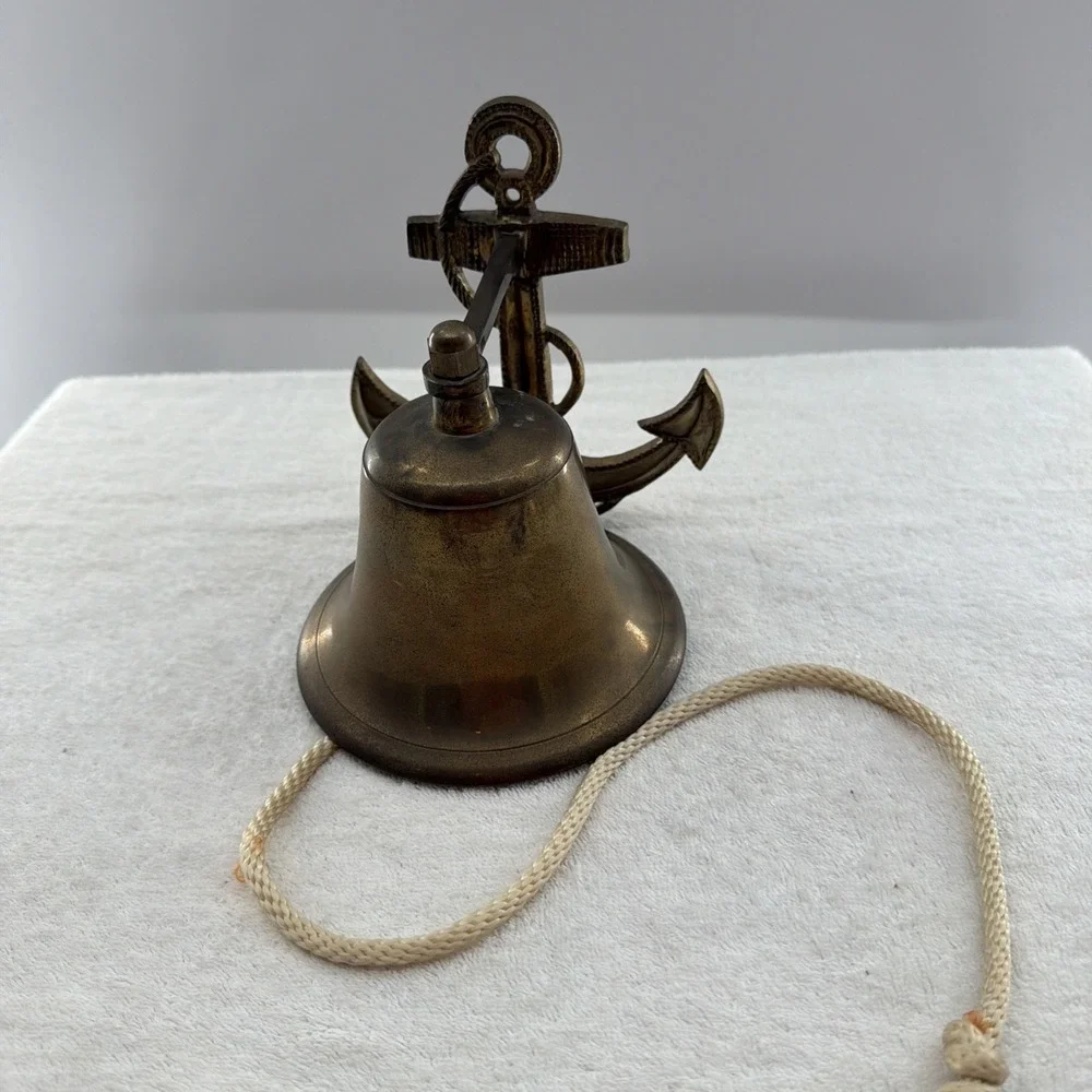 Vintage Antique Anchor Wall Mount Solid Brass Sailor Nautical Ship Bell w Rope